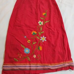 Hearts of Palm Red Floral Embroidered Midi Skirt
